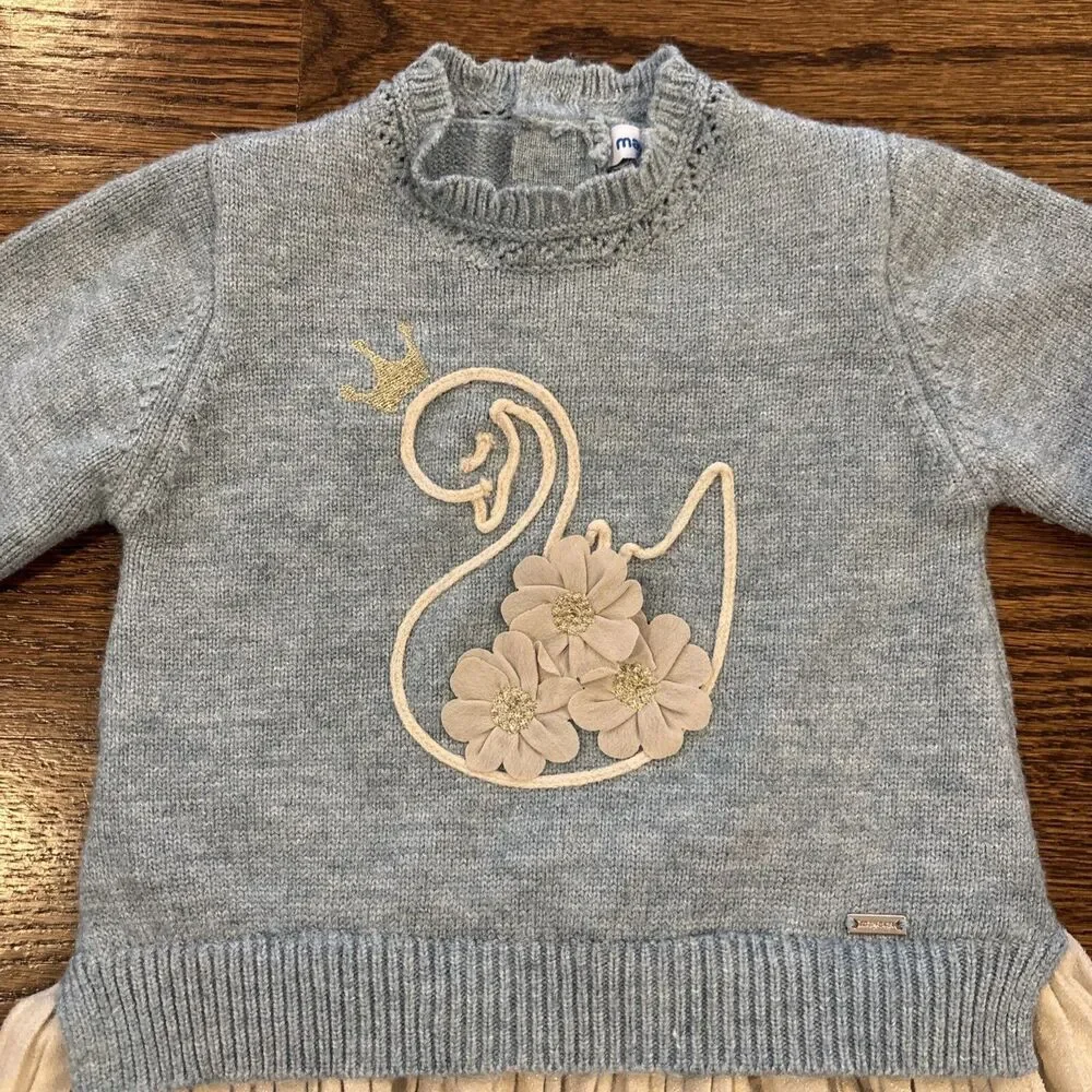 Mayoral Baby Girls Blue and Cream Knit Combined Dress with SWAN Applique